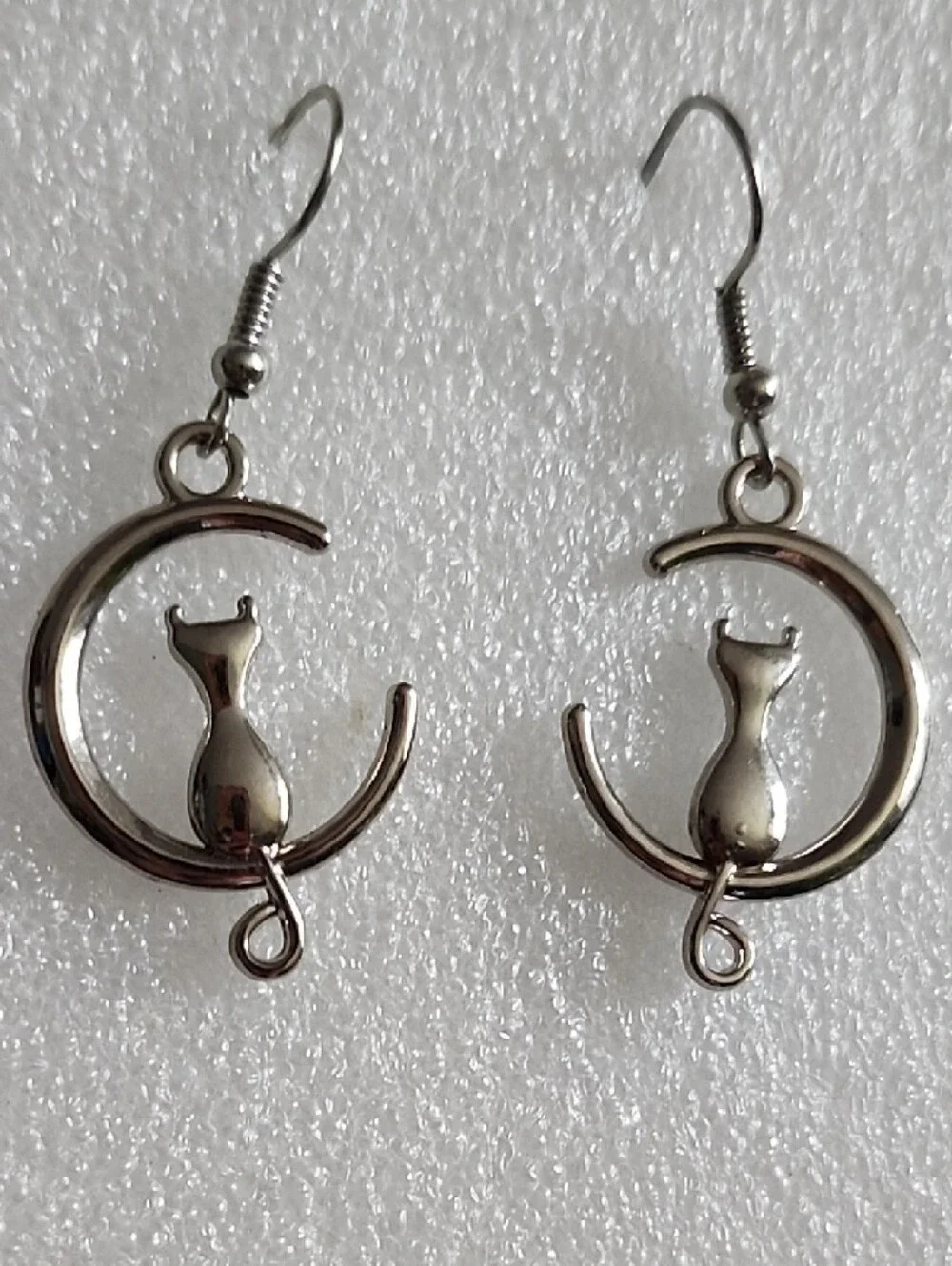 Hand Crafted Silver Cat in Crescent Moon Drop Earrings